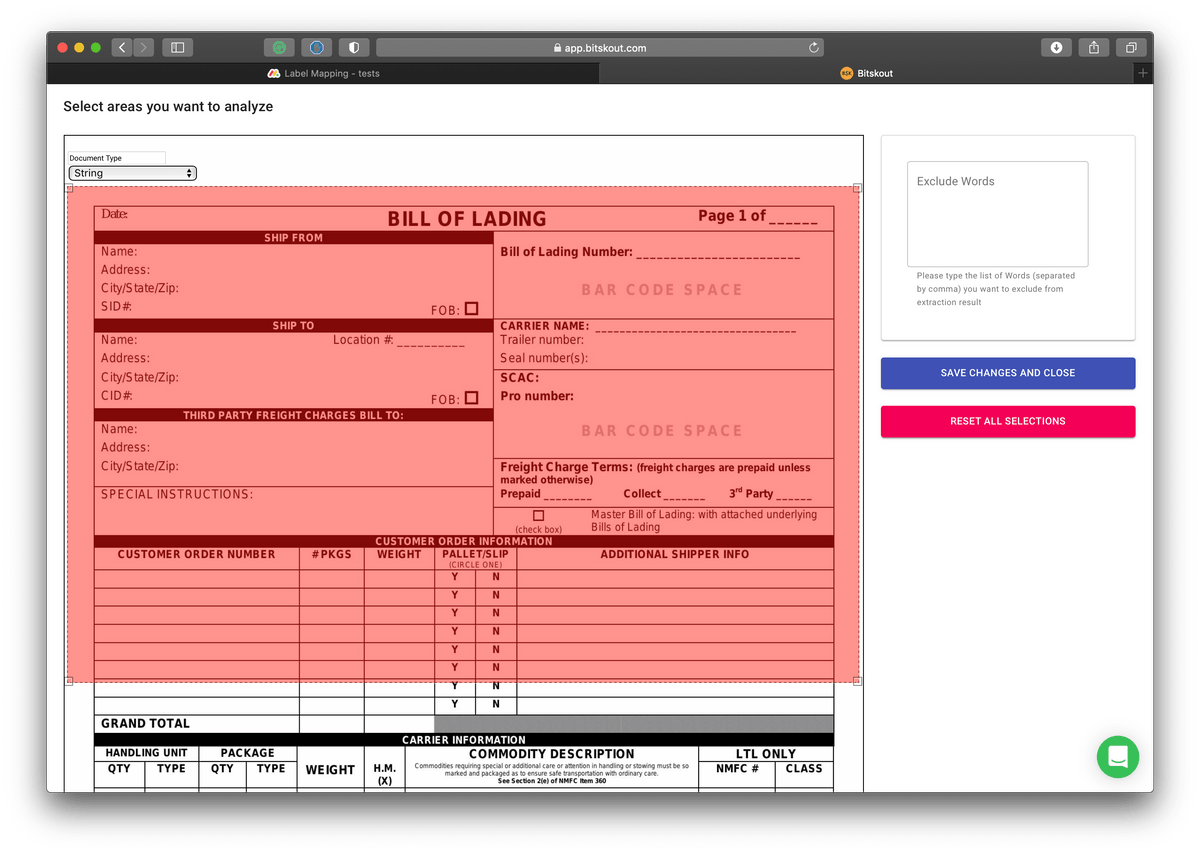 A view of Bitskout screenshot where we create an A.I. model for data extraction and select areas to get data from to detect our shipping document type A view of Bitskout screenshot where we create an A.I. model for data extraction and select areas to get data from to detect our shipping document type