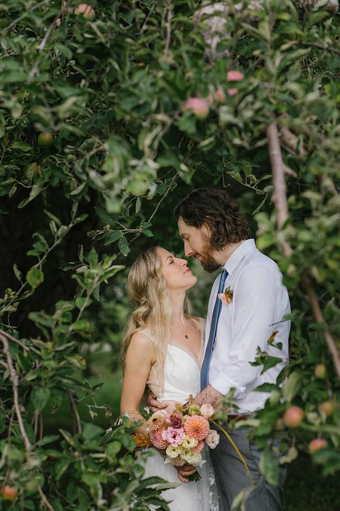 Couple embrace in apple orchard after outdoor summer wedding ceremony Couple embrace in apple orchard after outdoor summer wedding ceremony