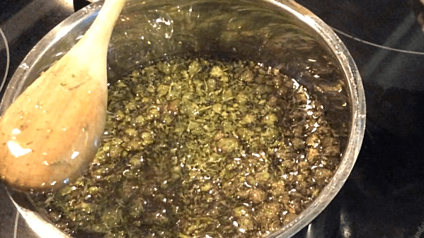 Add baked Cannabis to warm glycerin Add baked Cannabis to warm glycerin