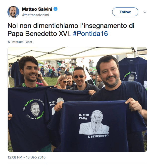 Salvini's tweet with a t-shirt stating "Benedict is my Pope" Salvini's tweet with a t-shirt stating "Benedict is my Pope"