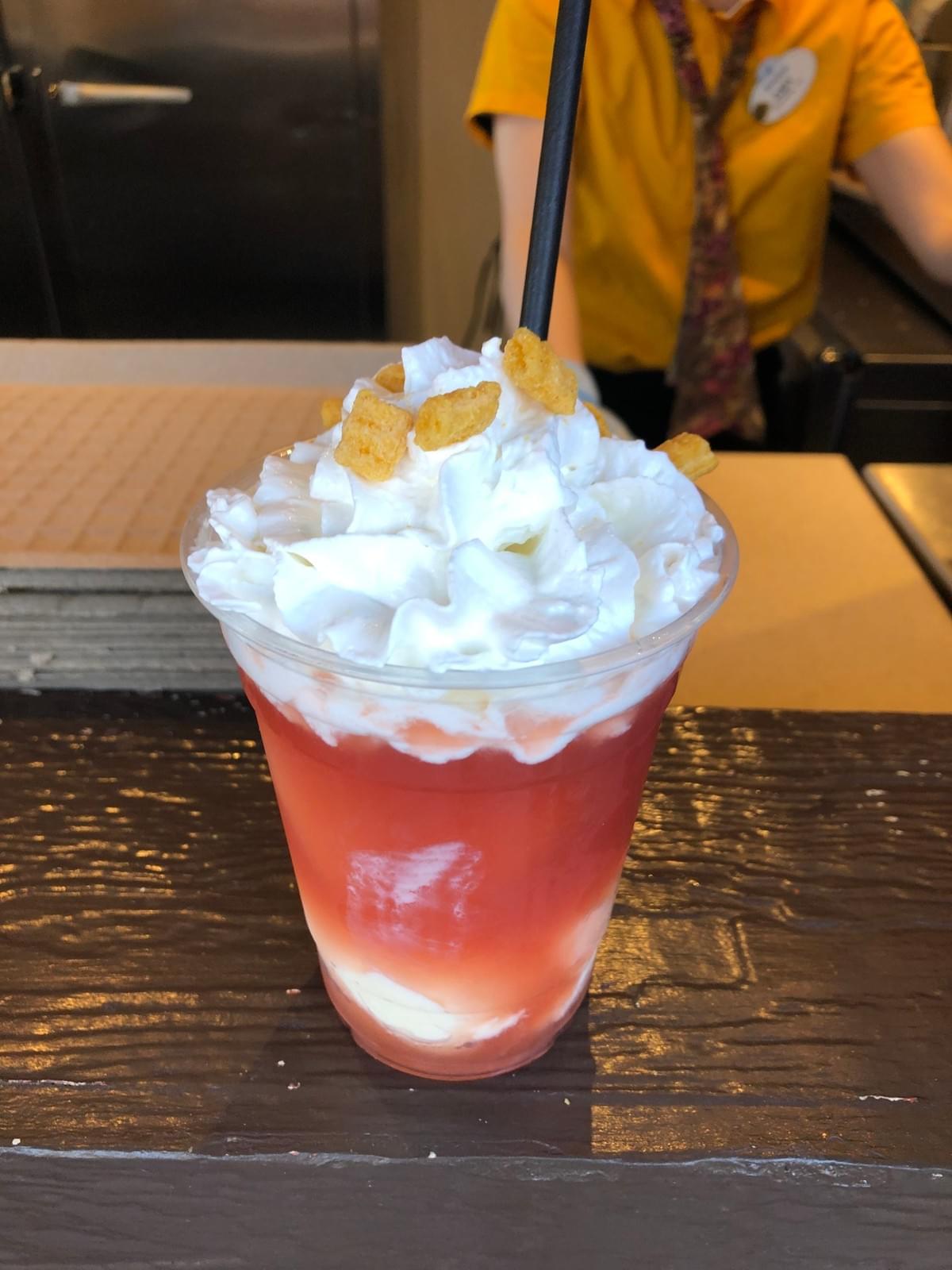 Strawberry Float with Vanilla Ice Cream and Whipped Cream (ask for no crunchy cereal garnish Strawberry Float with Vanilla Ice Cream and Whipped Cream (ask for no crunchy cereal garnish