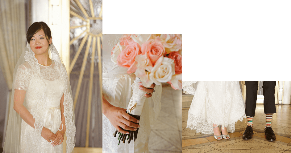 From Left to Right: Me in Caroline Herrera's "Evelyn" Gown, Wedding Bouquet with gold pin "borrowed" from my Maid of Honor's grandmother & Showing off my blue shoes and Hubby's colorful Penguin socks. Photos: Sweet Monday From Left to Right: Me in Caroline Herrera's "Evelyn" Gown, Wedding Bouquet with gold pin "borrowed" from my Maid of Honor's grandmother & Showing off my blue shoes and Hubby's colorful Penguin socks. Photos: Sweet Monday