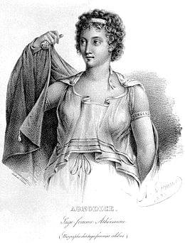 Agnodice, Sage-femme athénienne, gravure extraite de la Biographie des sages-femmes célèbres, anciennes, modernes, contemporaines, d'A. Delacoux, (1833). Agnodice, Sage-femme athénienne, gravure extraite de la Biographie des sages-femmes célèbres, anciennes, modernes, contemporaines, d'A. Delacoux, (1833).
