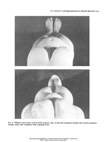 Planche extraite de l’étude de Le Roy McDermott, p. 241 : Vue depuis le haut d’une femme de 30 ans, enceinte de quatre mois (haut) ; même vue de la figurine de Lespugue (bas) (c) Le Roy McDermott Planche extraite de l’étude de Le Roy McDermott, p. 241 : Vue depuis le haut d’une femme de 30 ans, enceinte de quatre mois (haut) ; même vue de la figurine de Lespugue (bas) (c) Le Roy McDermott