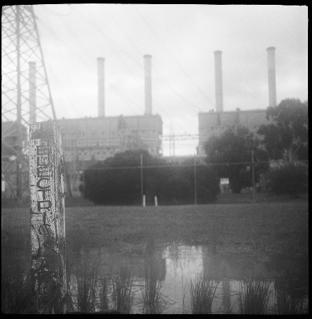 Power plant towers with water in the foreground test photograph on a Voigtlander Brilliant Power plant towers with water in the foreground test photograph on a Voigtlander Brilliant