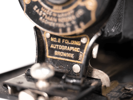 No. 2 Folding Autographic Brownie close up of the name plate on the camera No. 2 Folding Autographic Brownie close up of the name plate on the camera