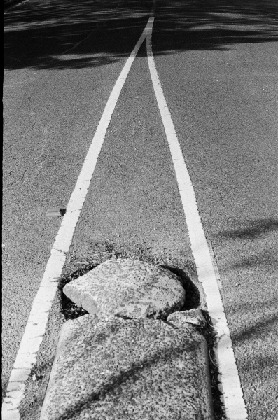 Pedestrian refuge road lines and shadows in black and white taken on a Fed 2 camera Pedestrian refuge road lines and shadows in black and white taken on a Fed 2 camera