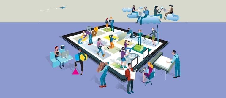 A graphic of people working with various devices on top of a tablet and sitting in clouds A graphic of people working with various devices on top of a tablet and sitting in clouds