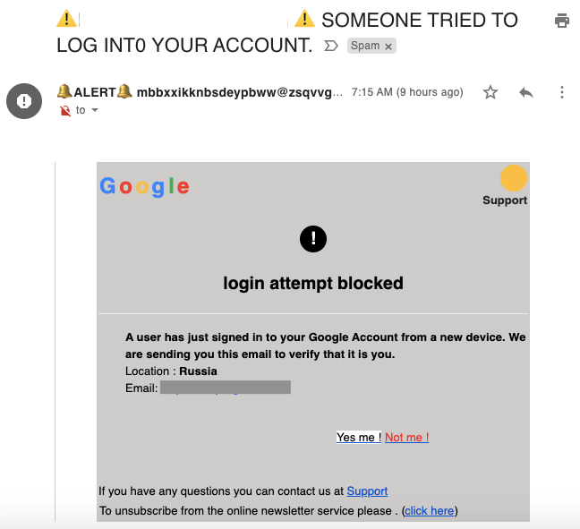 Screenshot of a phishing email from a scammer pretending to be a Google suspicious login alert Screenshot of a phishing email from a scammer pretending to be a Google suspicious login alert