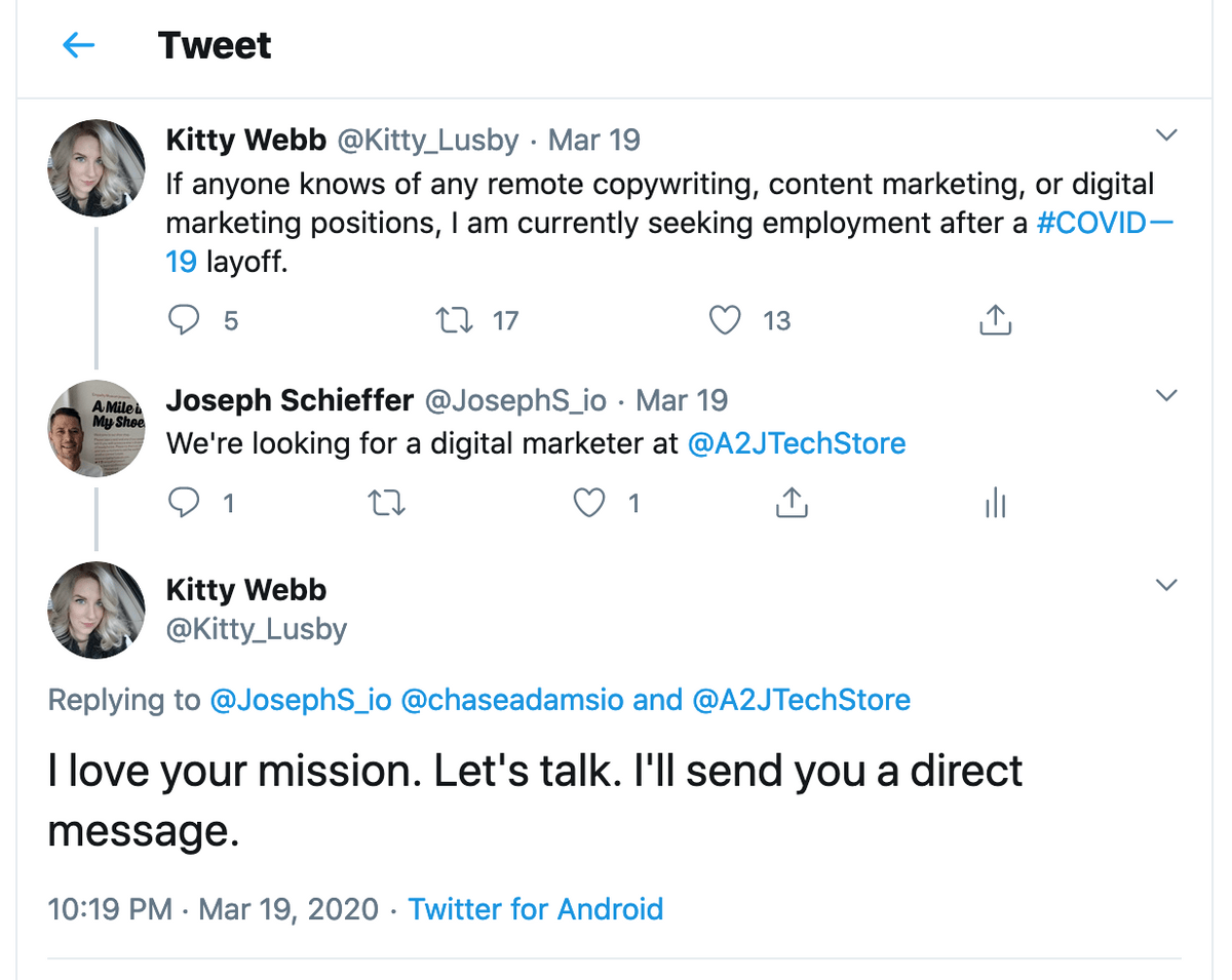 Tweet response to previously cited layoff tweet, where Joseph Schieffer says that A2J tech store is looking for a marketer and Kitty responds that she loves the mission Tweet response to previously cited layoff tweet, where Joseph Schieffer says that A2J tech store is looking for a marketer and Kitty responds that she loves the mission