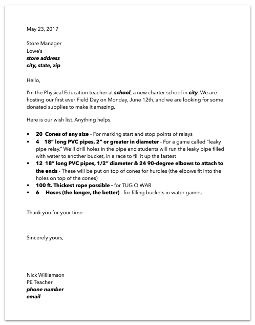 Field Day donation request example Field Day donation request example