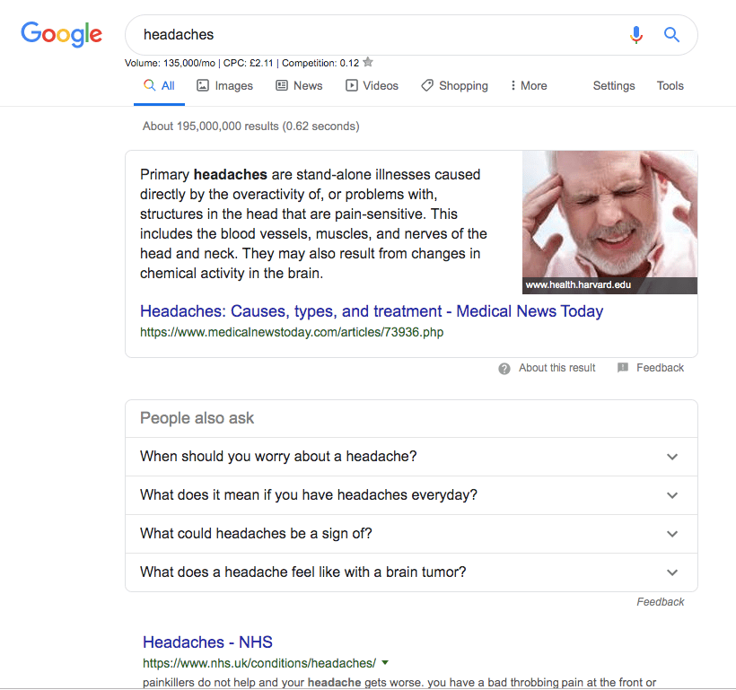 Google Search Result for Headaches phrase Google Search Result for Headaches phrase
