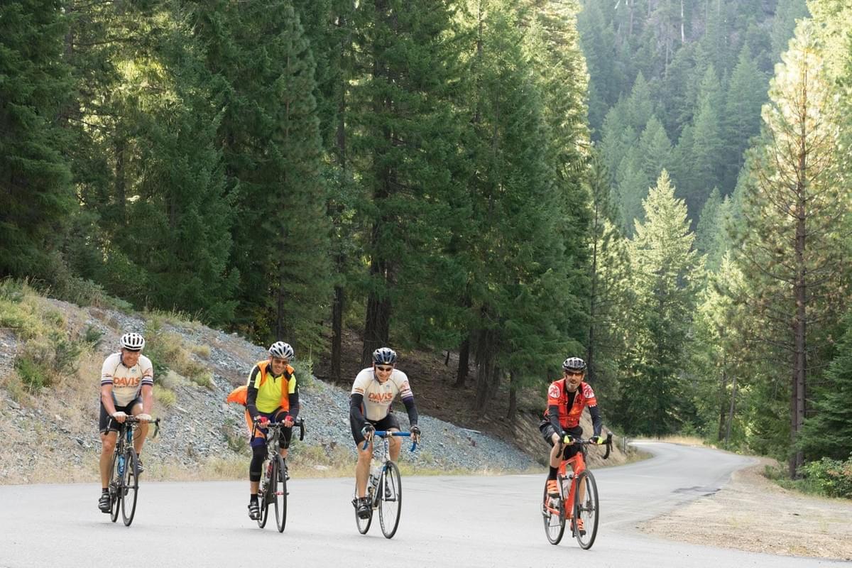 Rich Rifkin, second from the right in the Davis Bike Club jersey, was climbing Mount Etna in Siskiyou County. That day the group rode 117 miles to the coast, climbing over 11,000 feet along the way. Rich Rifkin, second from the right in the Davis Bike Club jersey, was climbing Mount Etna in Siskiyou County. That day the group rode 117 miles to the coast, climbing over 11,000 feet along the way.