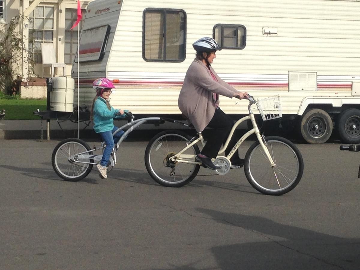 This grandma is having a great time riding a Trailabike with her granddaughter. Woohoo! This grandma is having a great time riding a Trailabike with her granddaughter. Woohoo!