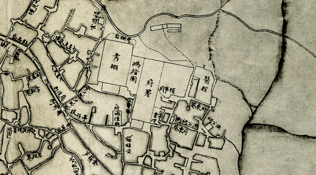 馬雅各設立之醫館(圖中偏右處)及在亭仔腳街設立教堂(圖中偏左下處)。圖出自1875台灣府城街道圖,引用自https://rdc.reed.edu/c/formosa/s/r?_pp=20&s=eb8439cc0ada96ffcb631b083c0c06734041b672&p=3&pp=1。(照片來源/作者提供) 馬雅各設立之醫館(圖中偏右處)及在亭仔腳街設立教堂(圖中偏左下處)。圖出自1875台灣府城街道圖,引用自https://rdc.reed.edu/c/formosa/s/r?_pp=20&s=eb8439cc0ada96ffcb631b083c0c06734041b672&p=3&pp=1。(照片來源/作者提供)