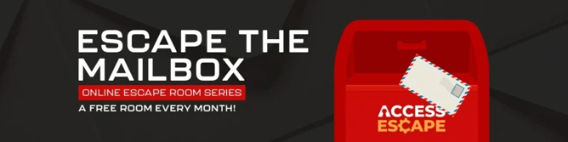 Escape The Mailbox series logo. Reads: online escape room series. A free room every month. Escape The Mailbox series logo. Reads: online escape room series. A free room every month.