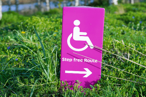 A pink sign sat on grass. The sign has a white wheelchair symble and and arrow with the text: Step free route. A pink sign sat on grass. The sign has a white wheelchair symble and and arrow with the text: Step free route.