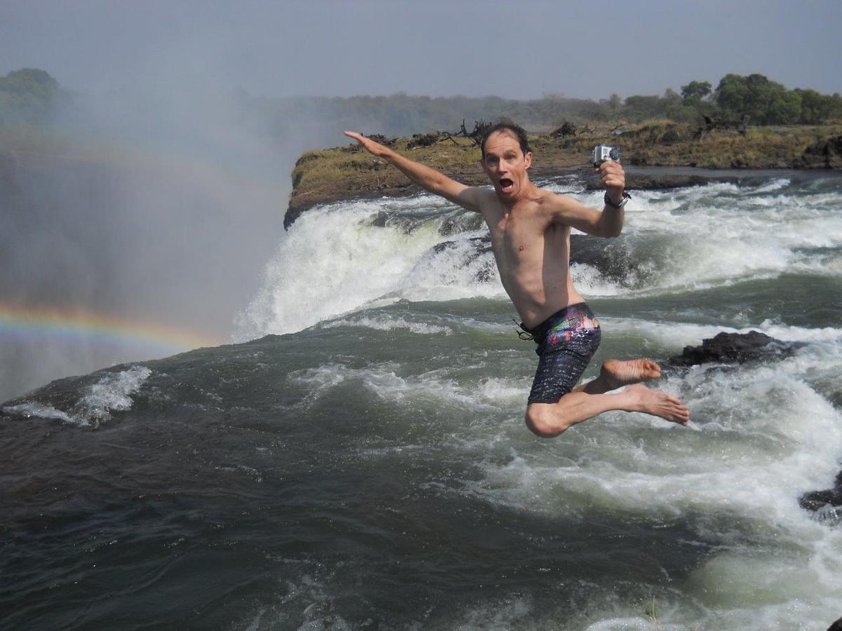 Jumping into the Devils Pool, Livingstone, Zambia. Jumping into the Devils Pool, Livingstone, Zambia.
