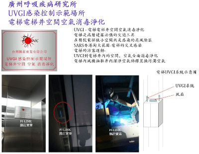 鍾南山院士廣州呼吸疾病研究所鵬莊PJ-LINK UVGI 感染控制示範場所 電梯電梯井空間空氣消毒淨化 鍾南山院士廣州呼吸疾病研究所鵬莊PJ-LINK UVGI 感染控制示範場所 電梯電梯井空間空氣消毒淨化
