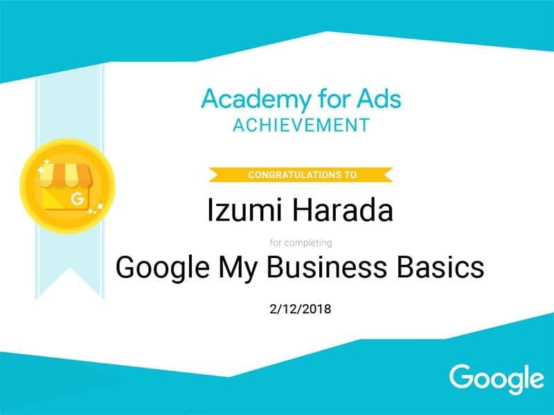 「Google My Business Basics」認定証 「Google My Business Basics」認定証