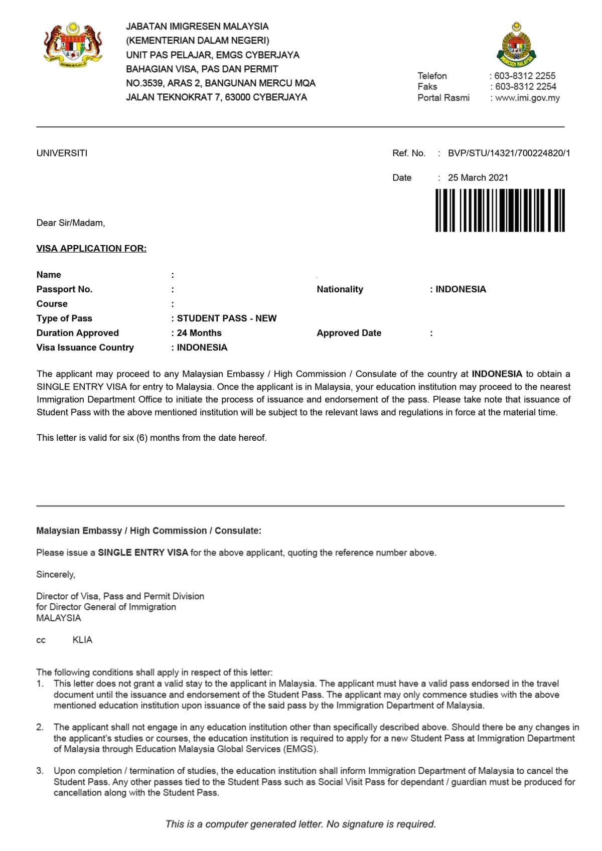 Surat VAL (Visa Approval Letter) dari Imigrasi Malaysia Surat VAL (Visa Approval Letter) dari Imigrasi Malaysia