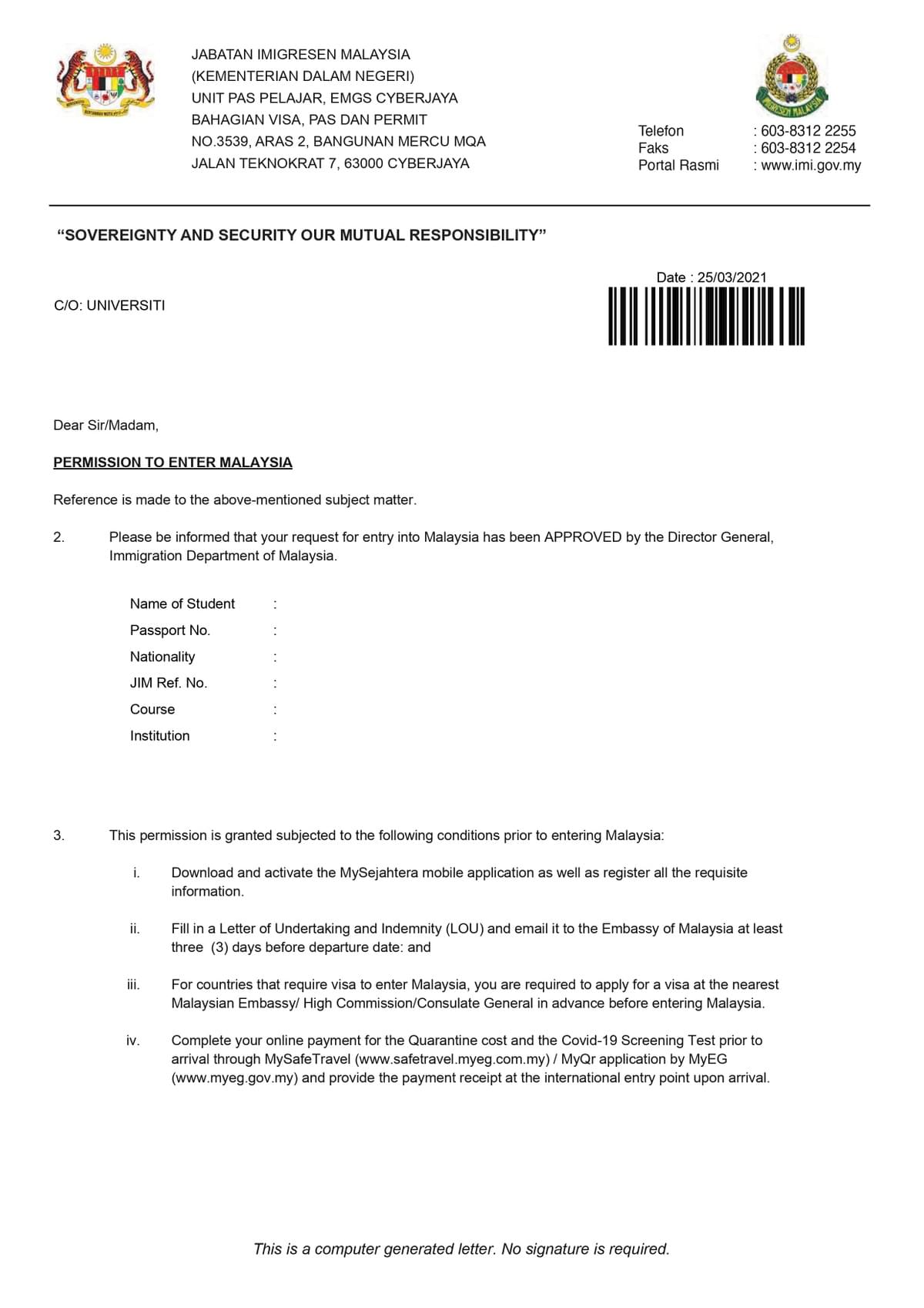Surat Ijin Masuk Malaysia dari Imigrasi Malaysia Surat Ijin Masuk Malaysia dari Imigrasi Malaysia