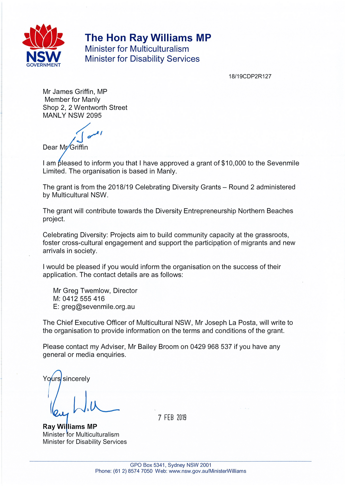 letter of approval from MP Ray Williams, Minister for Multiculturalism to SEVENmile Venture Lab letter of approval from MP Ray Williams, Minister for Multiculturalism to SEVENmile Venture Lab