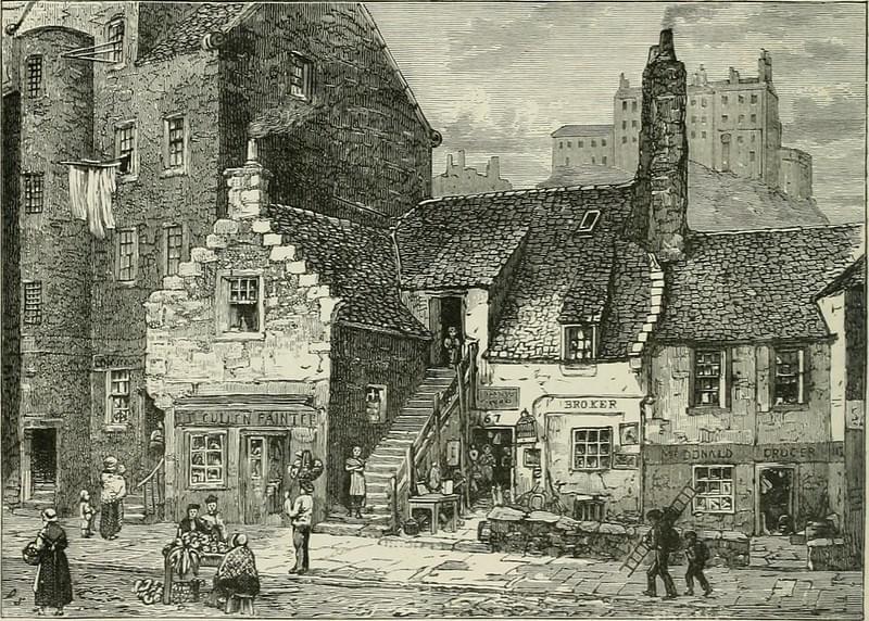 A typical Old Town street scene from Cassell's Old and New Edinburgh published in 1881. A woman sells vegetables at a stall, a man and boy carry a ladder, in the background are traditional Scottish buildings with forestairs and crowsteps, which house local businesses - a painter, a broker and a grocer. A typical Old Town street scene from Cassell's Old and New Edinburgh published in 1881. A woman sells vegetables at a stall, a man and boy carry a ladder, in the background are traditional Scottish buildings with forestairs and crowsteps, which house local businesses - a painter, a broker and a grocer.