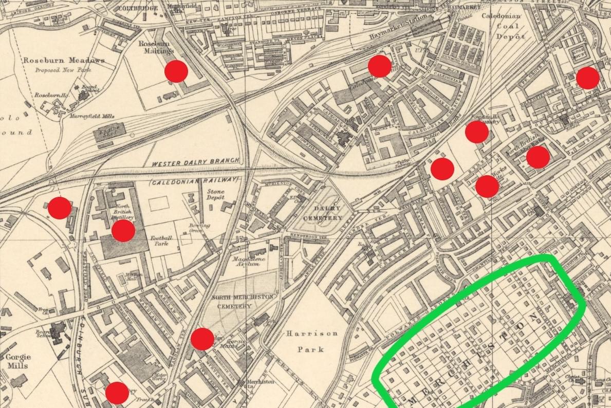 Bartholomews map of Edinburgh from 1901 showing high density tenements around factories and breweries. Bartholomews map of Edinburgh from 1901 showing high density tenements around factories and breweries.