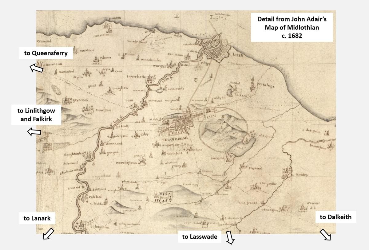 Detail of Edinburgh from John Adair's map of the Midlothians, circa 1682. Detail of Edinburgh from John Adair's map of the Midlothians, circa 1682.