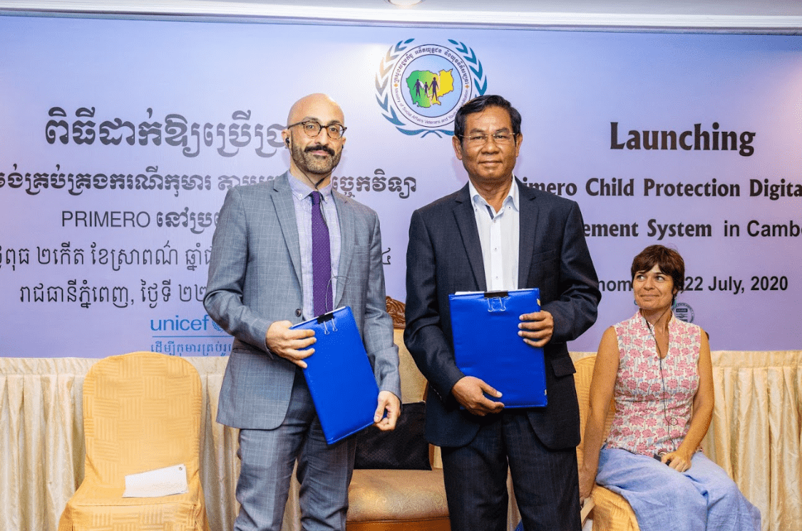 UNICEF Deputy Representative Jalaa’ Abdelwahab joins His Excellency Touch Channy, the Director General of the Ministry of Social Affairs, Veterans and Youth Rehabilitation (MoSVY) at the CPIMS+/Primero launch ceremony UNICEF Deputy Representative Jalaa’ Abdelwahab joins His Excellency Touch Channy, the Director General of the Ministry of Social Affairs, Veterans and Youth Rehabilitation (MoSVY) at the CPIMS+/Primero launch ceremony