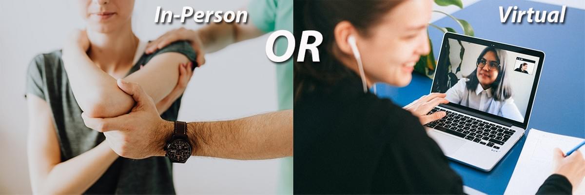 Images associated with in-person physical therapy and online physical therapy. The pros and cons of both. Images associated with in-person physical therapy and online physical therapy. The pros and cons of both.