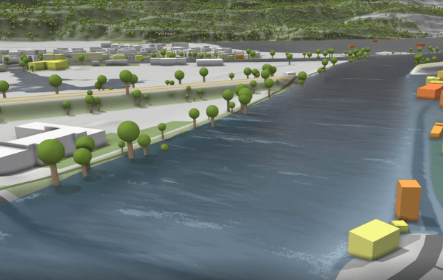 Image de la simulation, dans un décor réaliste mais simplifié, on voit une grande rivière traversant une ville Image de la simulation, dans un décor réaliste mais simplifié, on voit une grande rivière traversant une ville