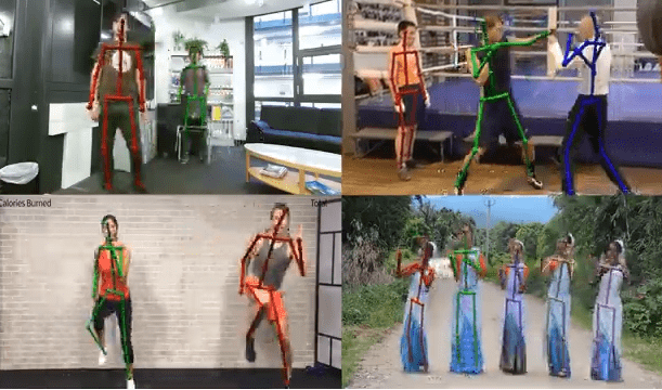 Captures d'écran de multiples personnes dans diverses poses, avec un squelette schématisé superposé Captures d'écran de multiples personnes dans diverses poses, avec un squelette schématisé superposé