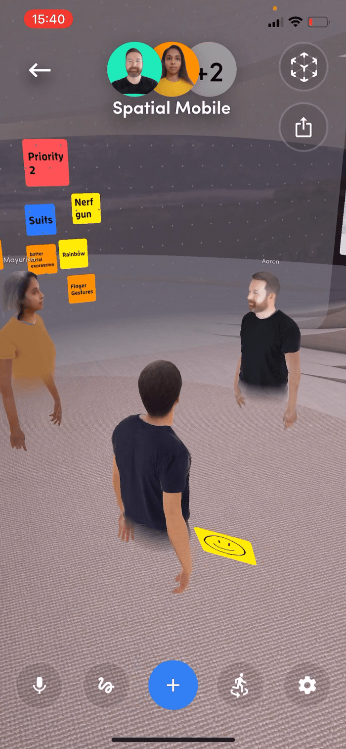 Smartphone users can move around the room as if virtually present in the meeting with other avatars. SPATIAL Smartphone users can move around the room as if virtually present in the meeting with other avatars. SPATIAL