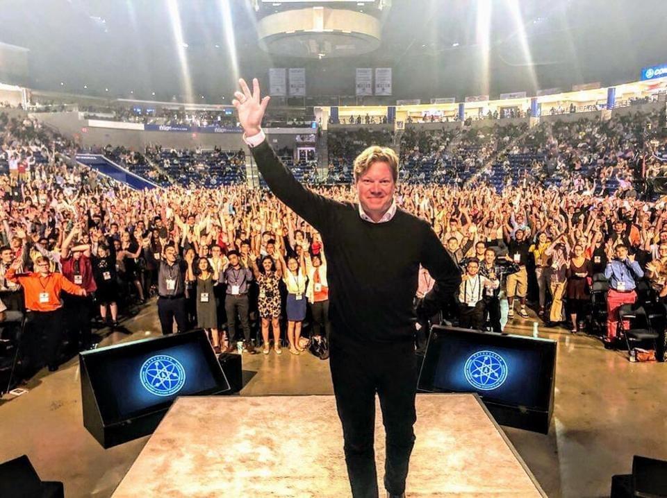Steiber at the 2018 Congress of the Future, where he gave a keynote speech to 4,000 high school students outside Boston, Massachusetts. RIKARD STEIBER Steiber at the 2018 Congress of the Future, where he gave a keynote speech to 4,000 high school students outside Boston, Massachusetts. RIKARD STEIBER