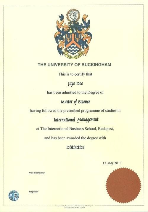 Образец Диплома Магистратуры MSc in International Management от The University of Buckingham Образец Диплома Магистратуры MSc in International Management от The University of Buckingham