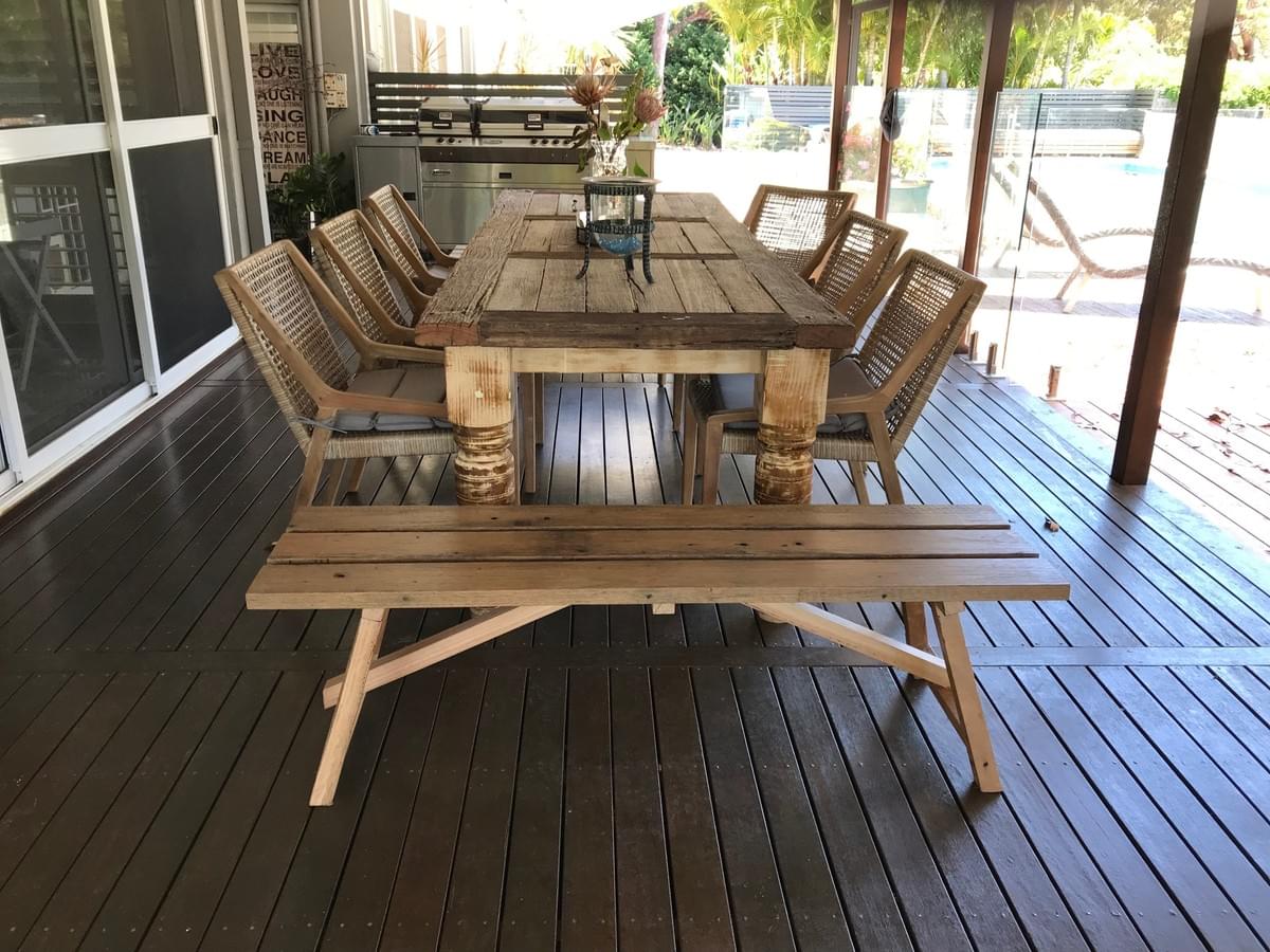Outdoor table from Wharf timbers and old Pool Table legs with Bench Seats from recycled demolition timbers Outdoor table from Wharf timbers and old Pool Table legs with Bench Seats from recycled demolition timbers