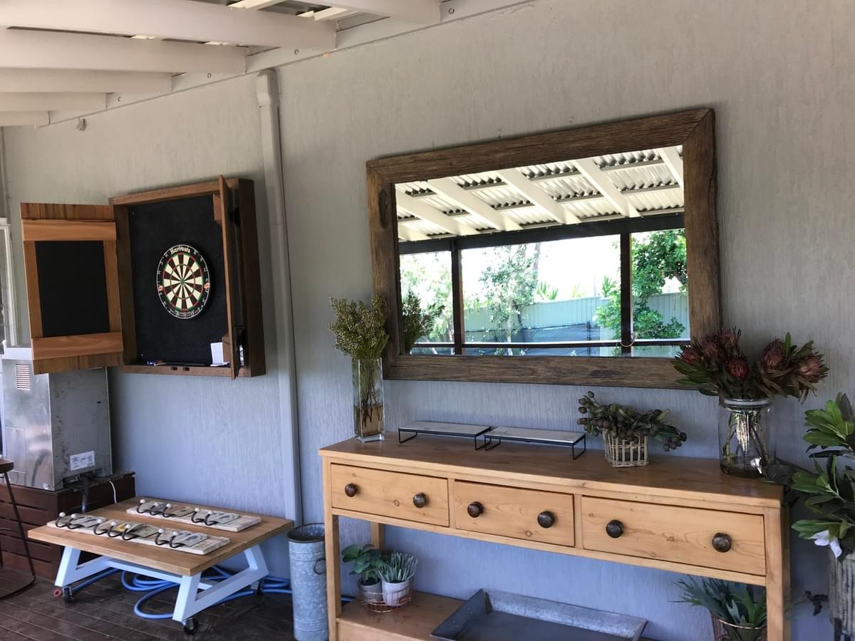 Outdoor Dartboard Cabinet, Mirror Frame from recycled Wharf timbers with refurbished console. Outdoor Dartboard Cabinet, Mirror Frame from recycled Wharf timbers with refurbished console.
