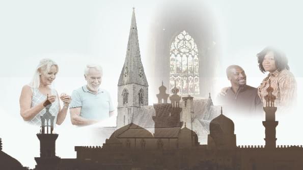 A church and a mosque, with Nordic and African people. A church and a mosque, with Nordic and African people.