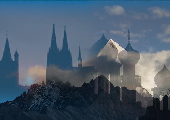 Image of mountains, churches and mosques silhouetted against a blue sunlit sky. Image of mountains, churches and mosques silhouetted against a blue sunlit sky.