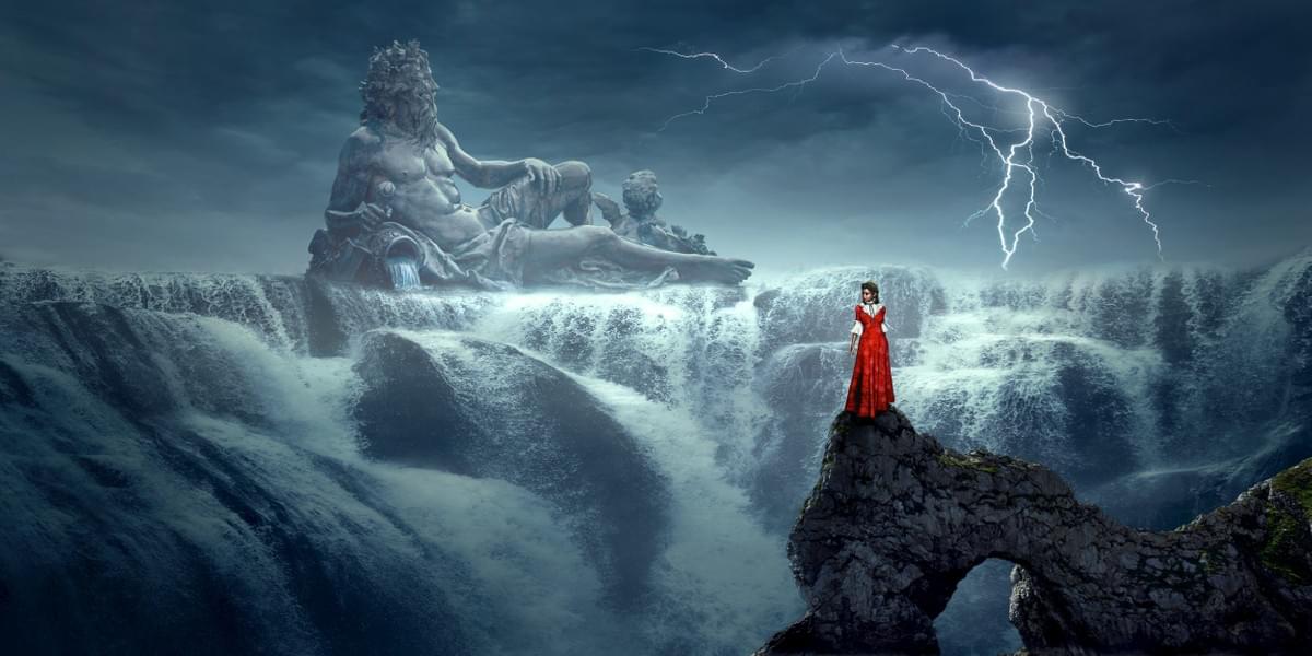 Image of a mystic waterfall, with a sculpture of Aquarius and his water jug lying atop the waterfall. As lightning strikes, a woman in a red dress ponders the scene. Image of a mystic waterfall, with a sculpture of Aquarius and his water jug lying atop the waterfall. As lightning strikes, a woman in a red dress ponders the scene.