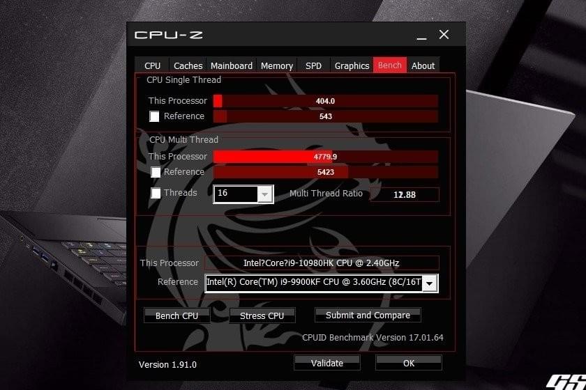 CPU-Z與當今旗艦型桌機、筆電常用的Core i9 9900KF處理器進行PK,Core i9-10980HK在多核表現落後分數不到70。 彭子豪/攝影 CPU-Z與當今旗艦型桌機、筆電常用的Core i9 9900KF處理器進行PK,Core i9-10980HK在多核表現落後分數不到70。 彭子豪/攝影