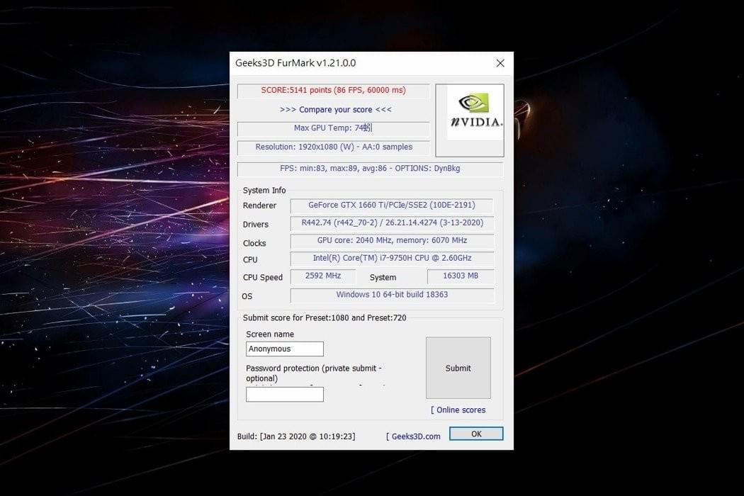 FurMark以1080P設定,跑半小時來回實測,顯示卡幀數最到89FPS。 FurMark以1080P設定,跑半小時來回實測,顯示卡幀數最到89FPS。