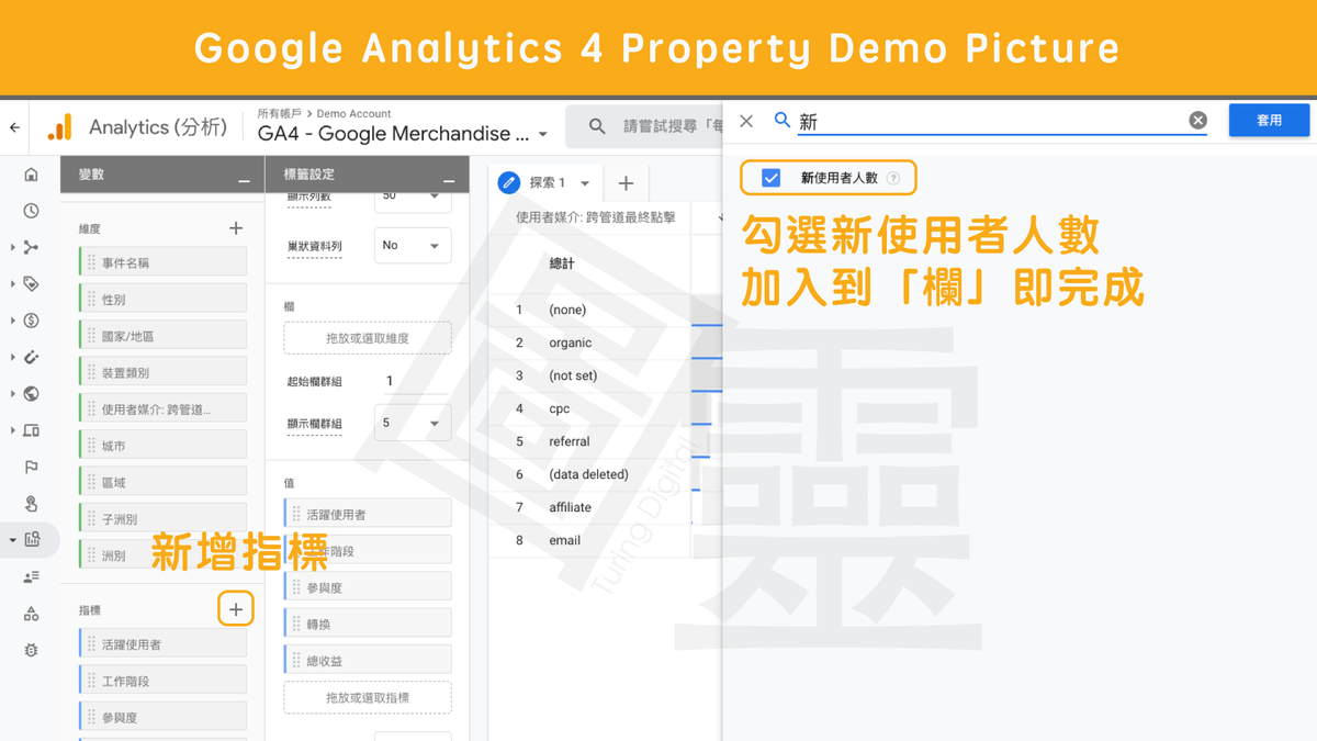 Google Analytics 4 Property 自訂探索報表:加入新使用者 Google Analytics 4 Property 自訂探索報表:加入新使用者
