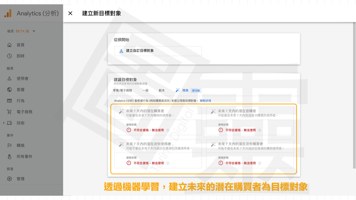Google Analytics 4 Property 建立新目標對象 Google Analytics 4 Property 建立新目標對象