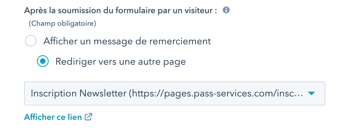 Option de redirection de formulaire Option de redirection de formulaire