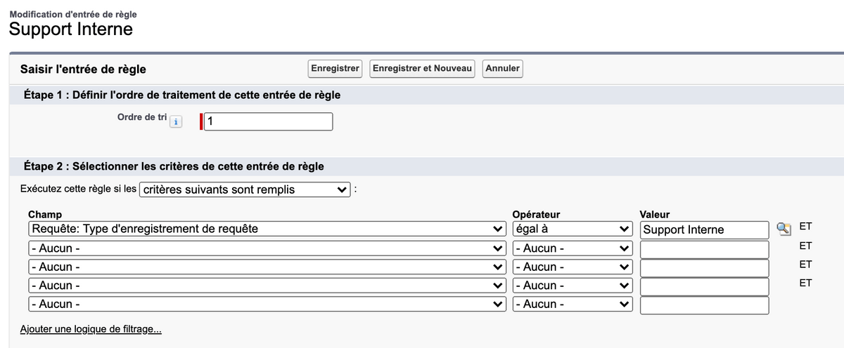 Ajout d'une entrée de règle dans une règle d'assignation Salesforce Ajout d'une entrée de règle dans une règle d'assignation Salesforce