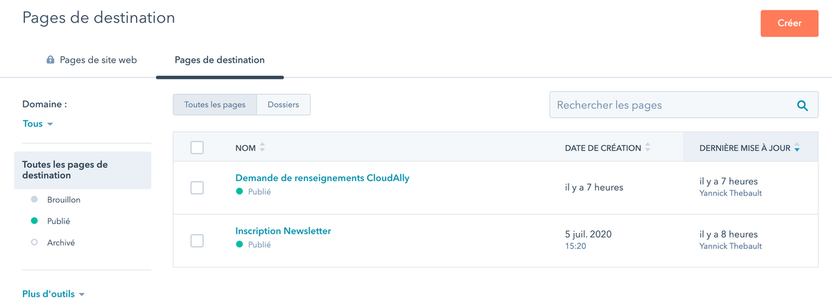 Liste des landing pages Liste des landing pages
