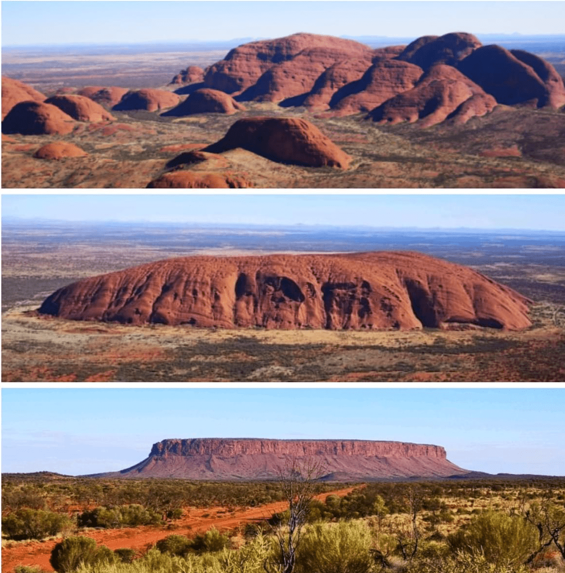 Top: Kata Tjuta, Middle: Uluru, Bottom: Atilla Top: Kata Tjuta, Middle: Uluru, Bottom: Atilla